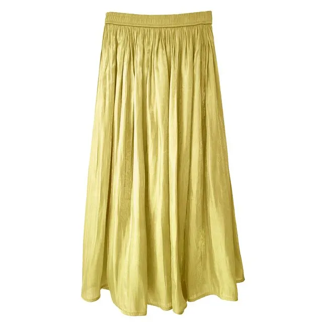 Shimmer Silk Pleat Long Skirt in Citrine Yellow