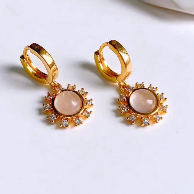 Sun Earring in Gold with Rosequartz and Cubic Zirconia