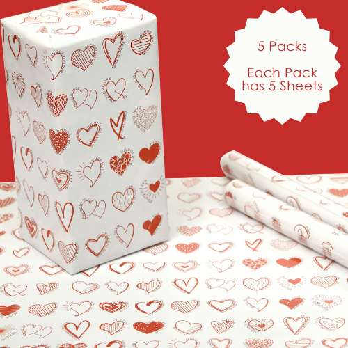 eVincE red heart valentines day gift Wrapping Paper, Set of 25 wraps - 5 Packs of 5 Sheets each, 70 x 50 cms size For the love of your life, Sketch your feelings