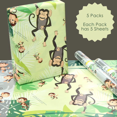 eVincE Monkey Wrapping Paper, Set of 25 wraps - 5 Packs of 5 Sheets each, 70 x 50 cms size For Kids birthday, fun facts for everyone to enjoy
