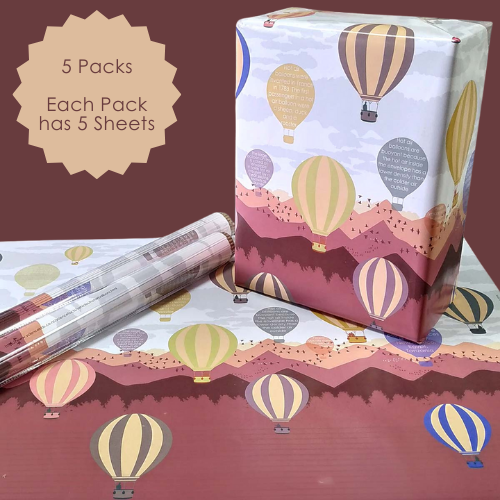 eVincE Hot Air Balloon Wrapping Paper, Set of 25 wraps - 5 Packs of 5 Sheets each, 70 x 50 cms size For Kids birthday, fun facts for everyone to enjoy