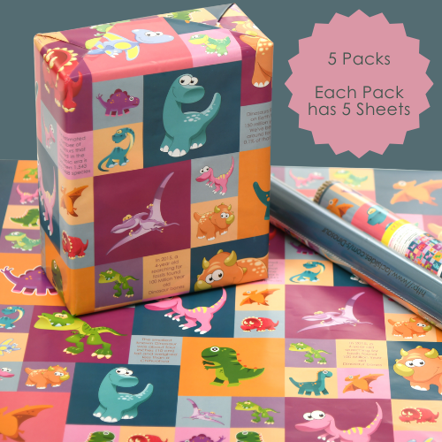 eVincE Dinosaurs Gift Wrapping Paper, Set of 25 wraps - 5 Packs of 5 Sheets each, 70 x 50 cms size For Kids birthday, fun facts for everyone to enjoy