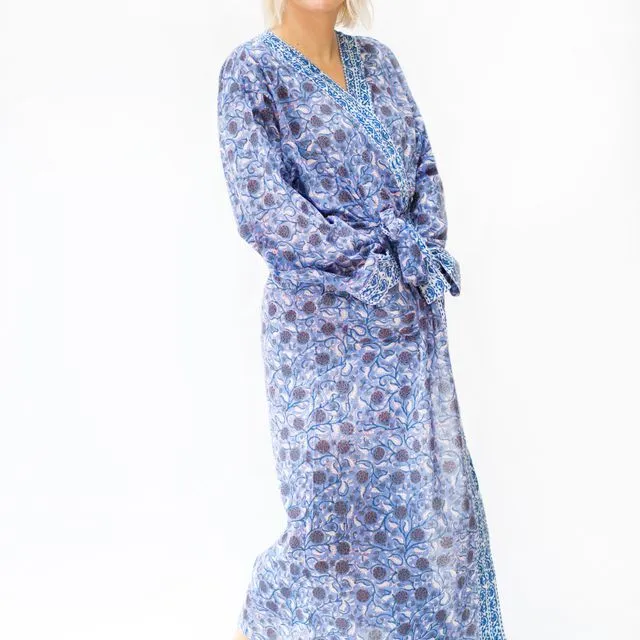 Long Cotton Robe - Blue Floral Print