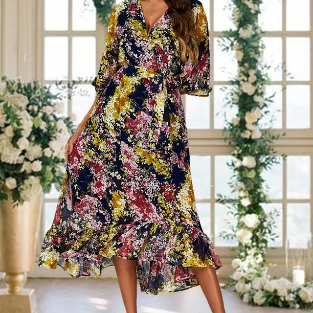Floral Print Wrap Top Kimono Sleeve Maxi Dress In Navy