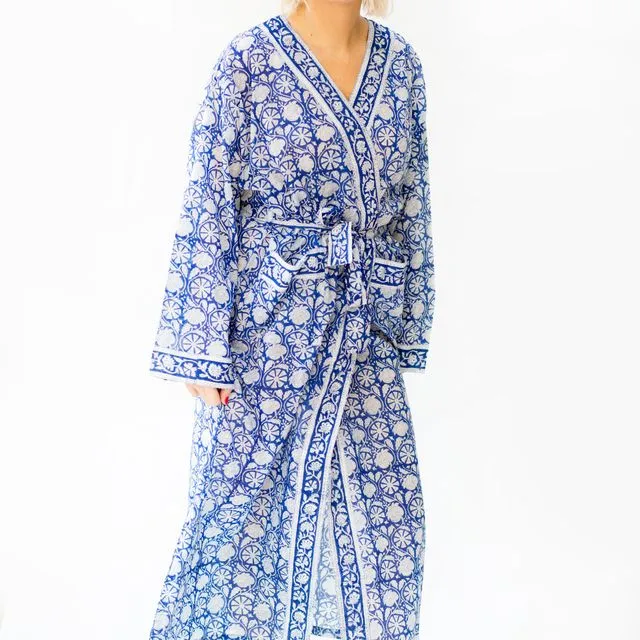 Long Cotton Robe - Blue & White Floral Print