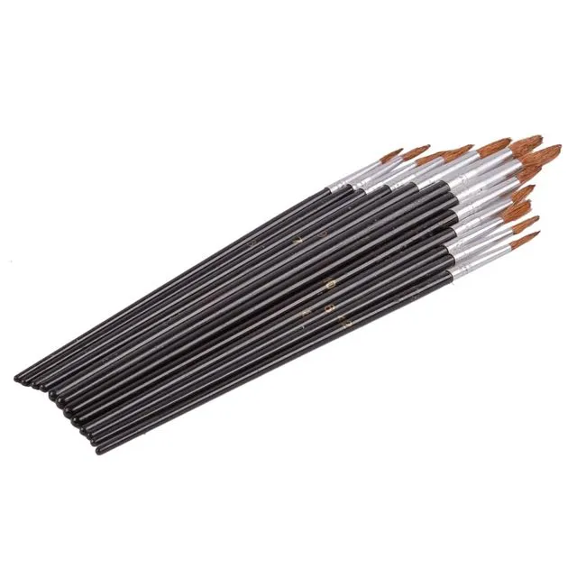 12pc Black Wooden Artist's Paint Brush Set - By Blackspur