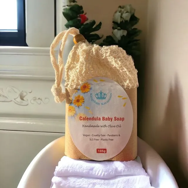Handmade Olive Baby Soap with Calendula in a Soap Bag- 135g