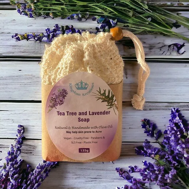 Handmade Olive Soap with Tea Tree & Lavender Essential Oils in a Exfoliating Soap Bag - 135g