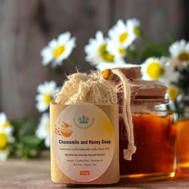 Handmade Chamomile and Honey Soap made with Olive Oil in a Exfoliating Soap Bag- 135g