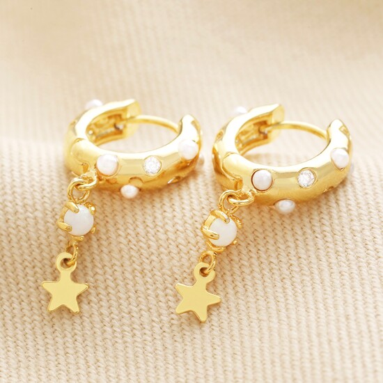 68848-Pearl Shell Star Charm Huggies with Pearl and Crystals in Gold