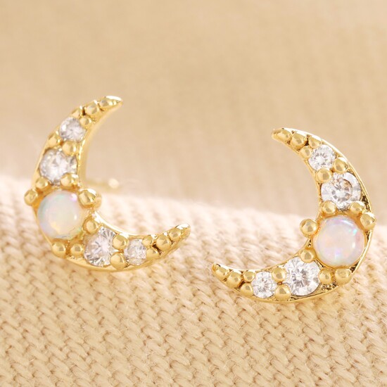 65432-Crystal &amp; Pearl Moon Stud Earrings Gold