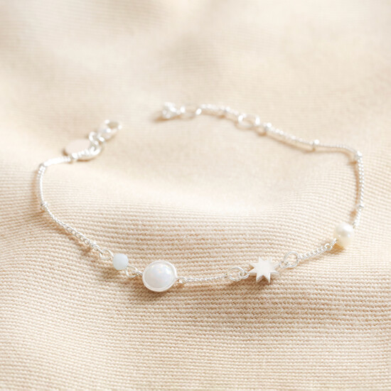 68782-Pearl and Crystal Moon and Stars Bracelet in Silver