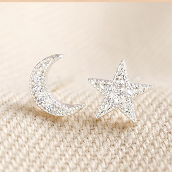 23209	CZ Stone Moon and Star Silver Earrings