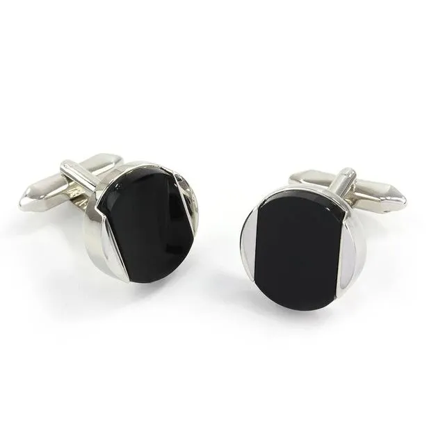 Round Onyx and Silver Finished Cufflinks
