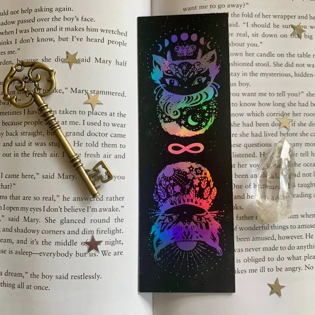 Cosmic Cats Bookmark - Holographic Foil, Moon, Sun