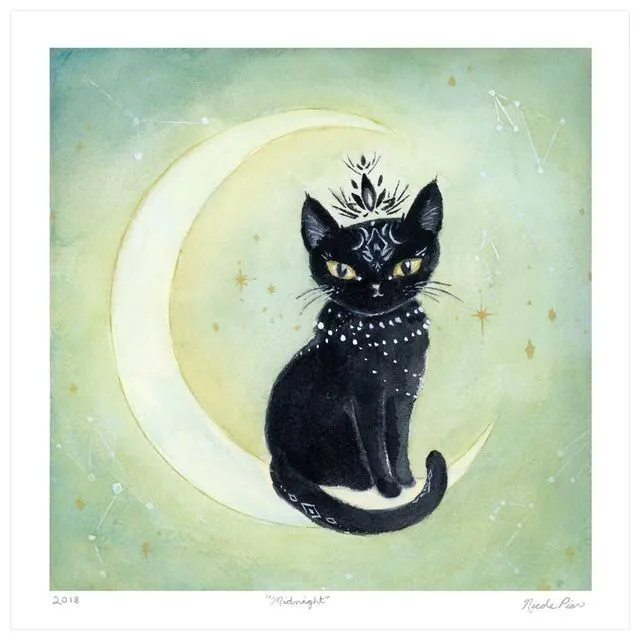 Midnight Cat Archival Art Print, Signed, Giclée, Spirit Cat