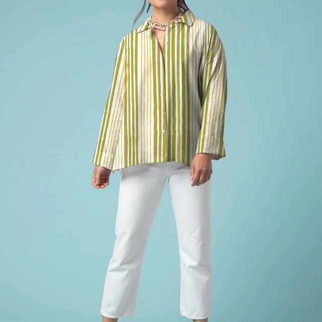 Relaxed Boyfriend Shirt - Mixed Up Stripe Baked Clay Olive Oil