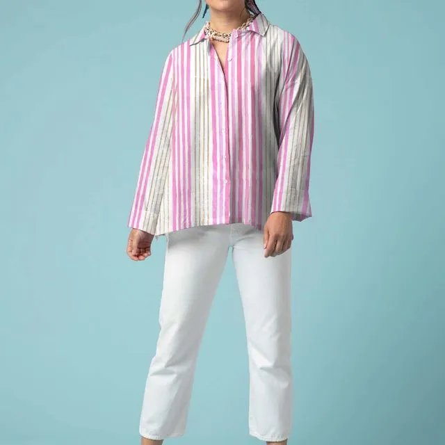 Relaxed Boyfriend Shirt - Mixed Up Stripe Baked Clay Neon Pink