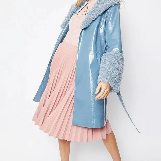 Blue Faux Leather Trench Coat with Faux Shearling Collar and