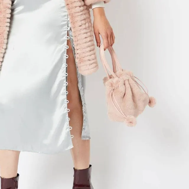 Pink Faux Fur Pom-Pom Drawstring Bucket Bag