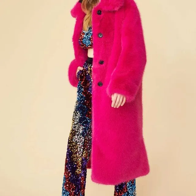 Pink Knitted Bamboo Faux Fur Coat