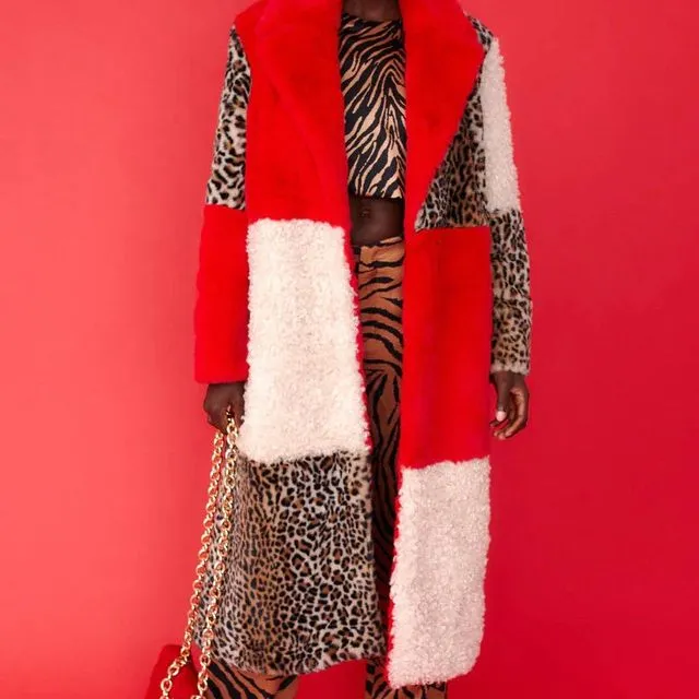 Red Faux Fur and Faux Shearling Maxi Coat