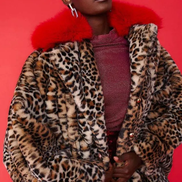 Red Faux Fur Leopard Print Swing Coat