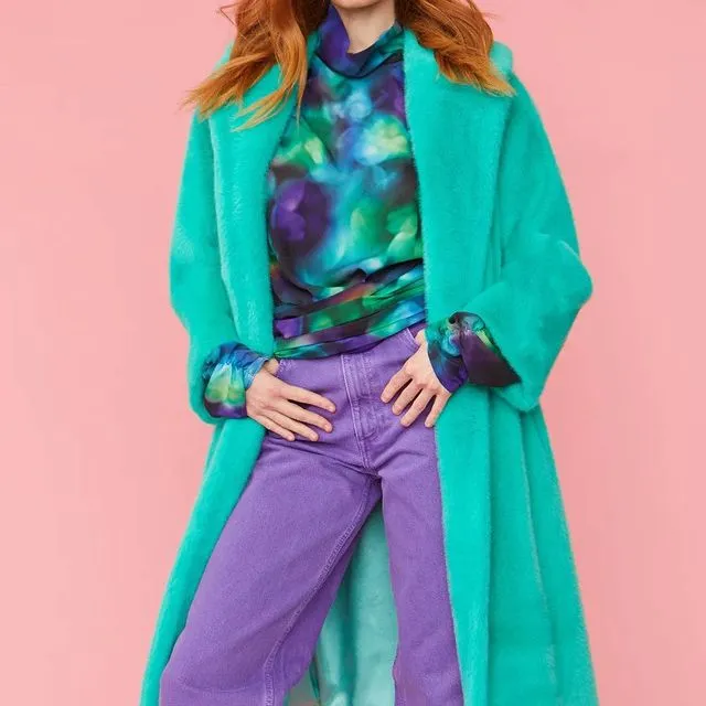 Turquoise Duchess Faux Fur Midi Coat