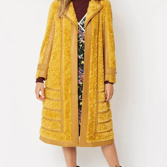 Yellow Faux Suede Trench Coat with Faux Fur Panelled