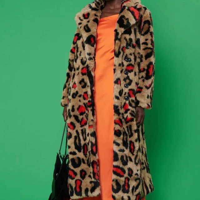 Red Faux Fur Leopard Print Maxi Coat