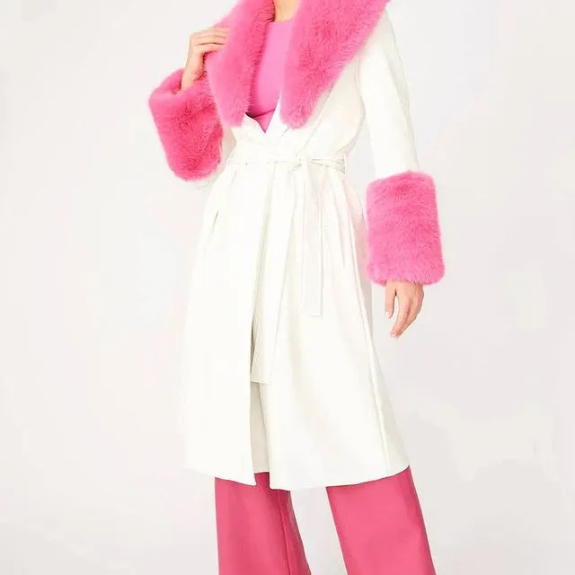 White Pink Faux Leather Trench Coat with Faux Fur Collar and Cuffs