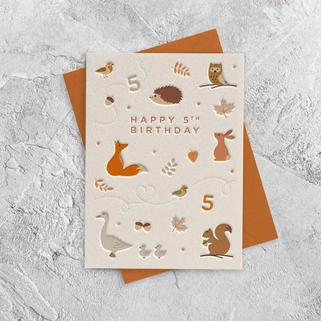 Age 5 Woodland Animals (Birthday) Letterpress Style Card