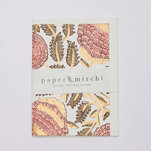 Hand Block Printed Greeting Card - Marigold Glitz Coral - Pack of 6