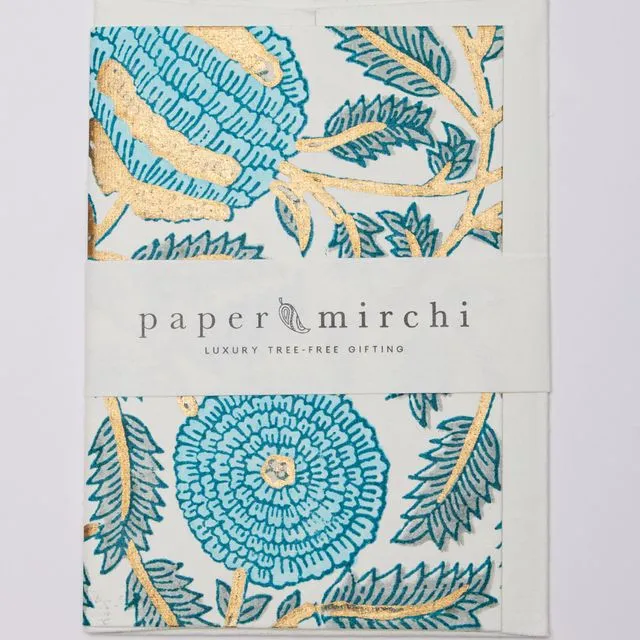 Hand Block Printed Greeting Card - Marigold Glitz Turquoise - Pack of 6