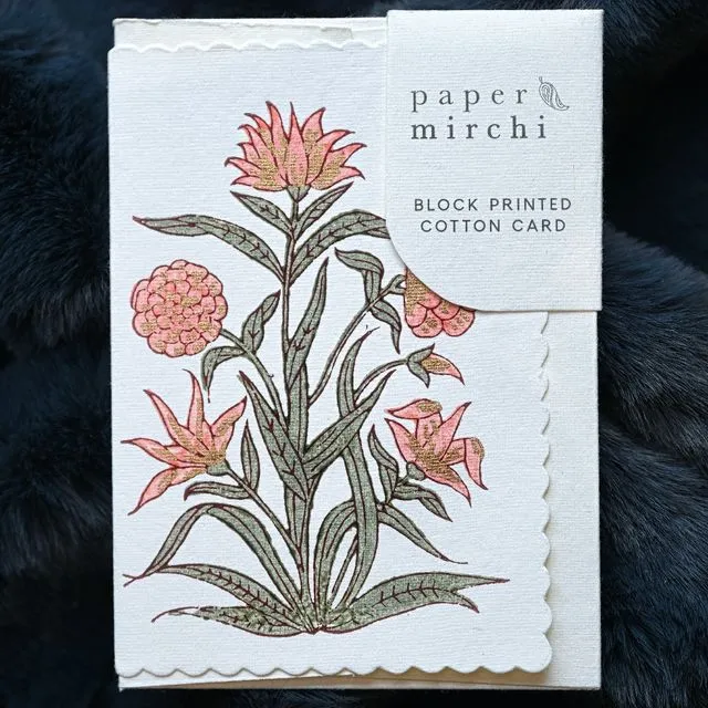 Hand Block Printed Greeting Card - Kamal Coral - Pack of 6