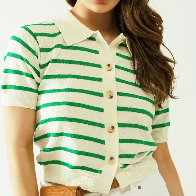 WHITE POLO SHIRT WITH GREEN STRIPES AND FRONT CLOSURE WITH BUTTONS