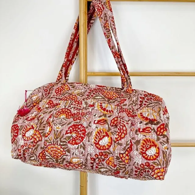 Quilted Duffle Tote Shoulder Bag Cotton Rusted Marigold Red Floral Eco friendly Sustainable Sturdy Yoga Shopping Beach Paint Boho Weekender