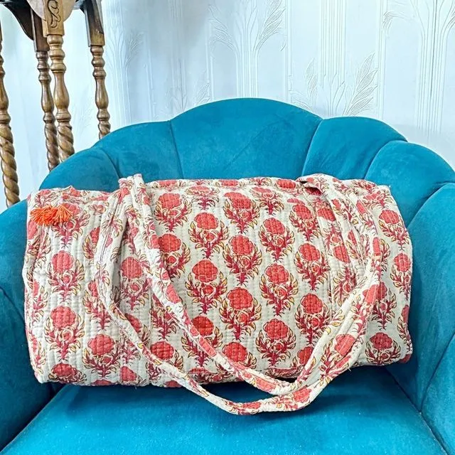 Quilted Duffle Tote Shoulder Beige Orange Rose Bag Cotton Summer Floral Eco friendly Sustainable Sturdy | Yoga Shopping Beach Artist Boho