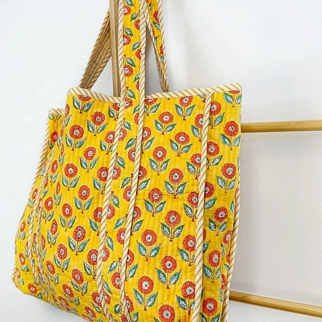 Quilted Cotton Handprinted Large Spring Yellow Orange Floral Stripe Tote Bag Eco friendly Sturdy Grocery Shopping | Handmade Artist Boho