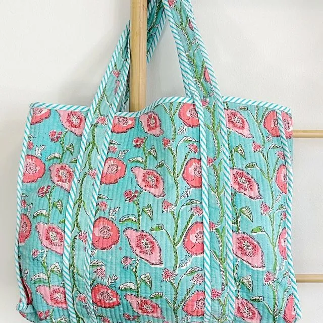 Quilted Cotton Handprint Reversible Large Tote Bag Eco friendly Sturdy Grocery Shopping Handmade Artist Boho Carry All Aqua Blue Pink Pansy