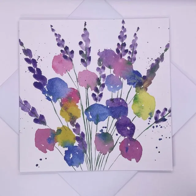 Lavender and Sweetpeas Watercolour Greetings Card