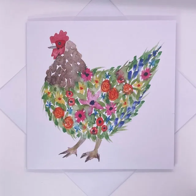 Floral Cockerel Chicken Watercolour Greetings Card