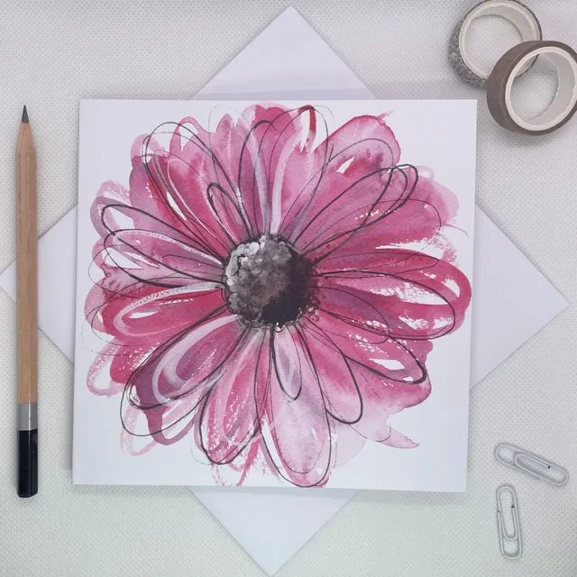 Pink Daisy Flower Watercolour Greetings Card