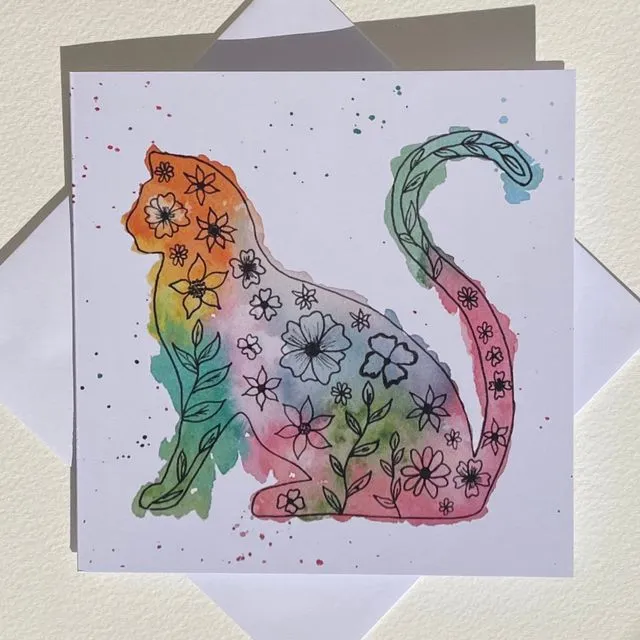 Floral Cat Art Watercolour Greetings Card
