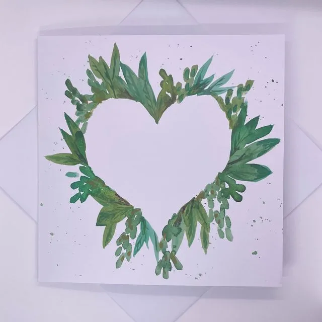 Green Leaf Heart Art Watercolour Greetings Card