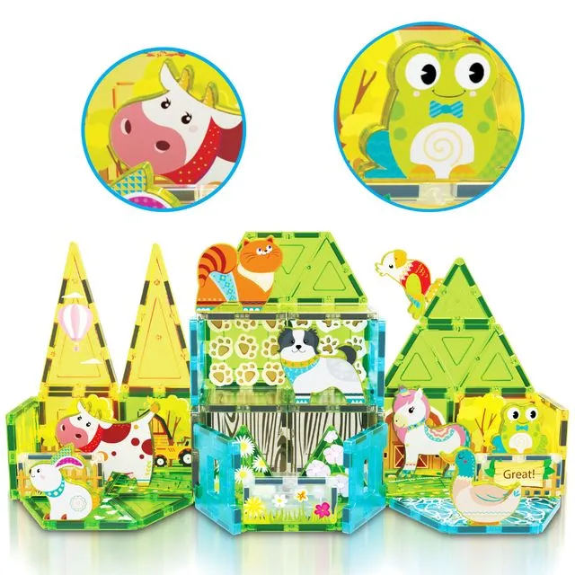 PicassoTiles Magnet Tile Building Blocks Farm Animal Toy Set with 8 Character Action Figures PTQ17