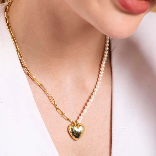 Pearl &amp; Link Chain Heart Pendant