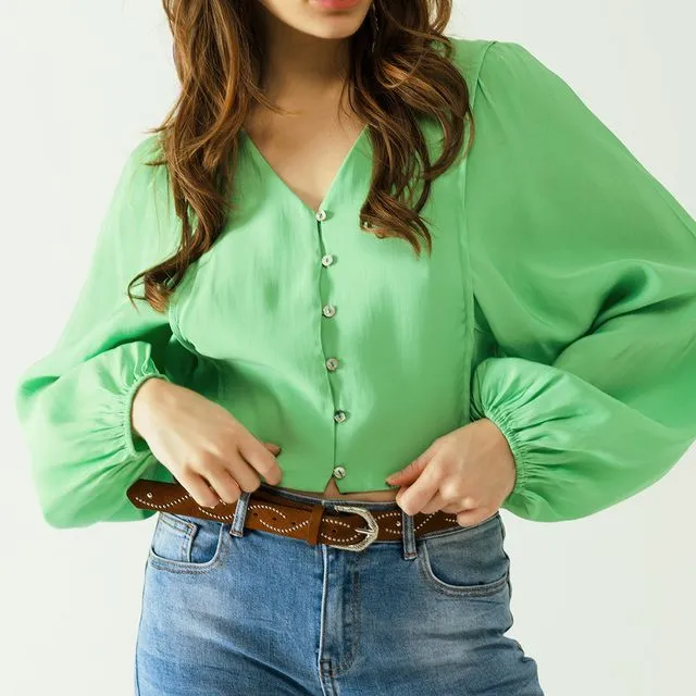 GREEN BLOUSE WITH BALLOON SLEEVES AND FRONTAL CLOSURE WITH BUTTONS
