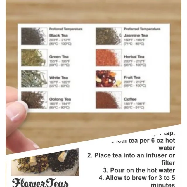 Tea Steeping Information Cards Bulk or Laminated