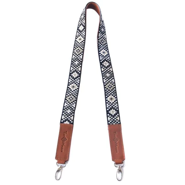 MAI WOVEN BAG STRAP - BLACK & WHITE WITH CAMEL LEATHER